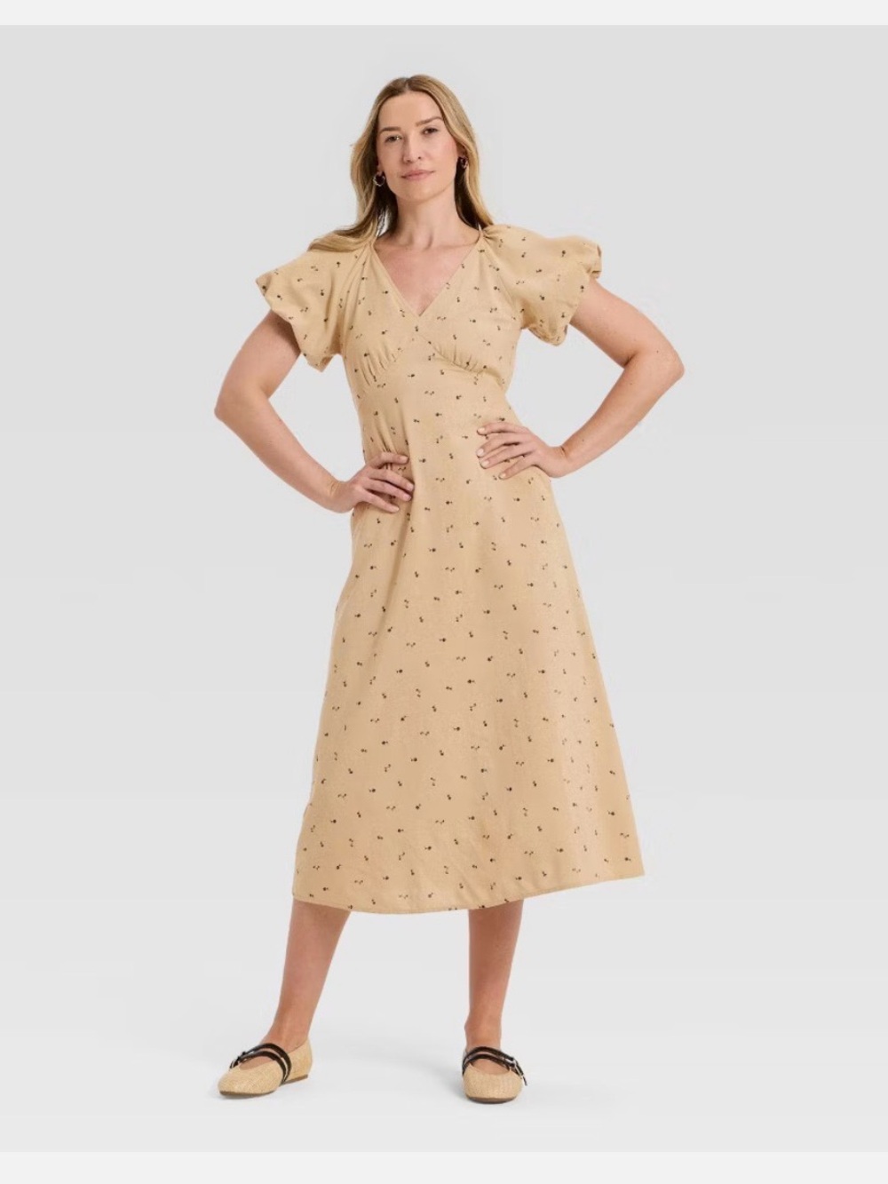 NWT Universal Thread Puff Sleeve V-Neck Midi Dress in Beige Floral Sz L